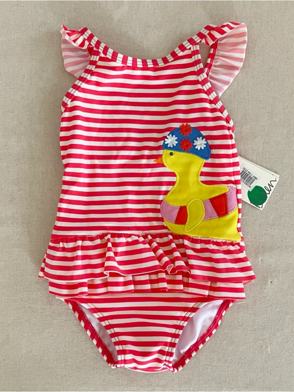 Baby Boden 12-18m Red Striped One-Piece Swimsuit with Yellow Duck Applique